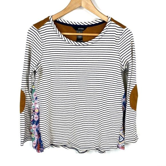 Ali Miles Top Size Small Petite Womens Navy White Stripe Suede Elbow Patch - Picture 1 of 7